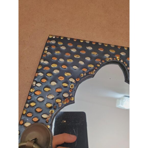 Vintage Moroccan Wall Hanging Mirror Brass Copper Silver Metal Glass One-Off - Picture 6 of 10